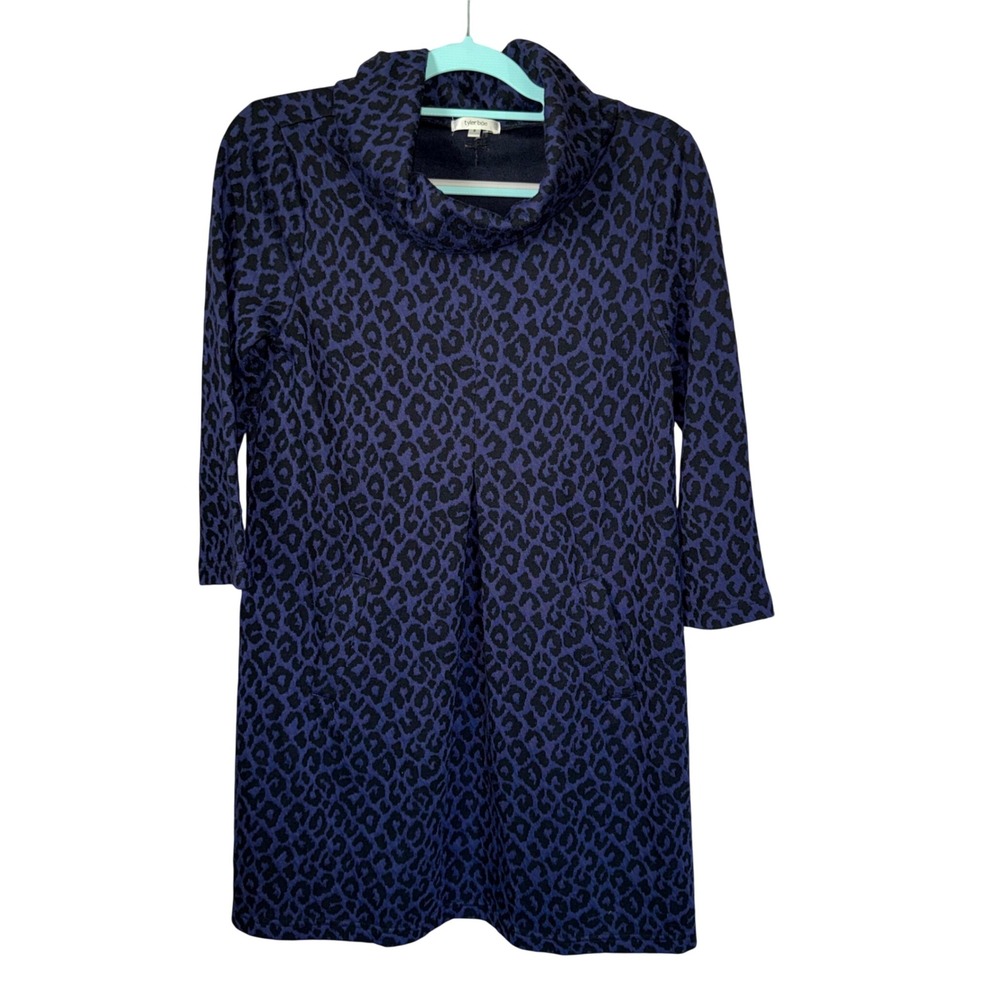 Tyler Boe Cowl Neck Leopard Print Tunic Dress S Blue Black Animal Print Chic